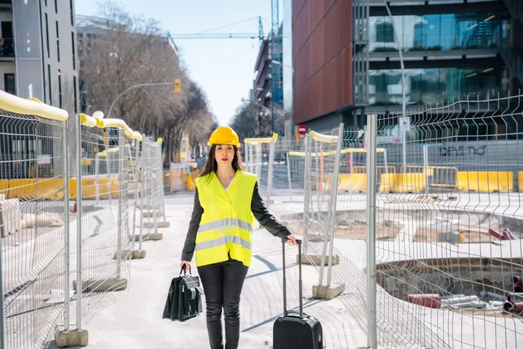 mulher trabalhadora da construção civil, em um canteiro de obras com uma mala de viagem